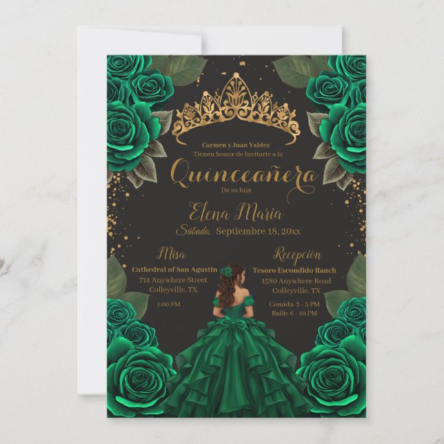 Invitación Elegante Purpurina de Oro de Rosas de Quinceañera  (Anverso)