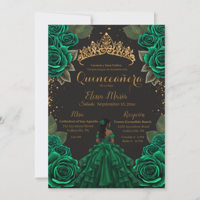 Invitación Elegante Purpurina de Oro de Rosas de Quinceañera  (Anverso)