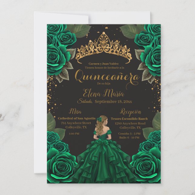 Invitación Elegante Purpurina de Oro de Rosas de Quinceañera  (Anverso)