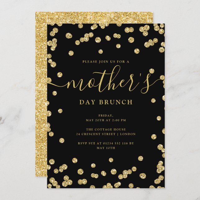 Invitación Elegante Purpurina de oro Día de la Madre Brunch N (Anverso / Reverso)