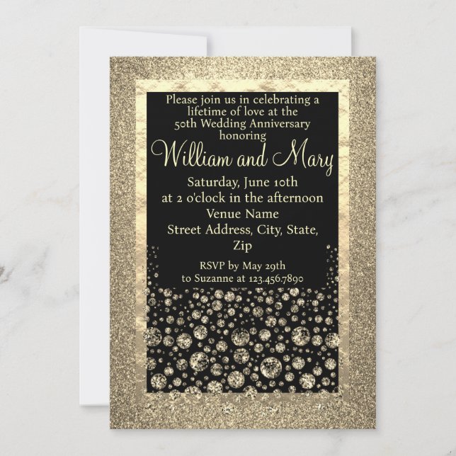 Invitación Elegante Purpurina de oro Diamante 50 años (Anverso)