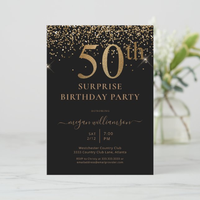 Invitación Elegante Purpurina de oro Diversión Negro 50 cumpl (Anverso de pie)