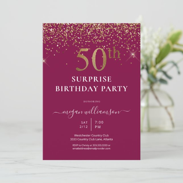 Invitación Elegante Purpurina de oro Diversión Rosa 50 cumple (Anverso de pie)
