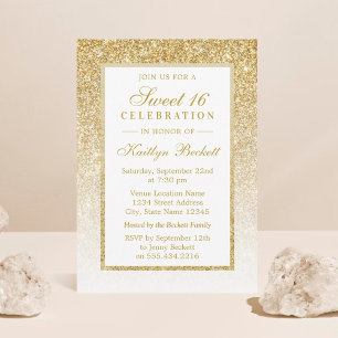 Invitación Elegante Purpurina de oro dulce 16 cumpleaños