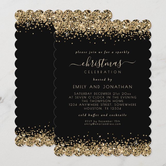 Invitación Elegante Purpurina de oro Fiesta de Navidades negr (Anverso / Reverso)