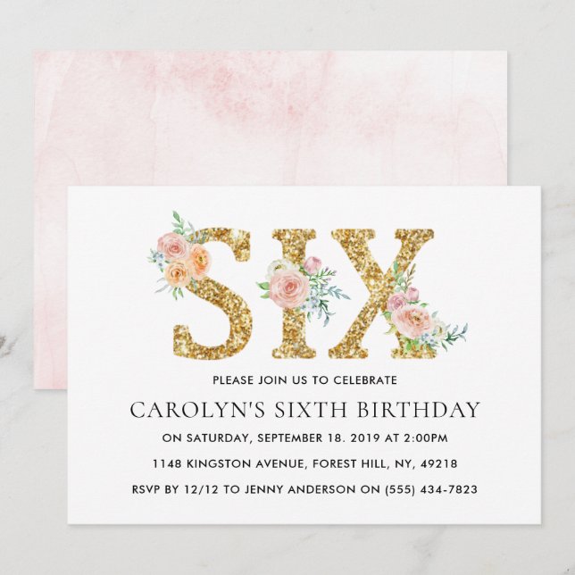 Invitación Elegante Purpurina de oro floral 66 cumpleaños (Anverso / Reverso)
