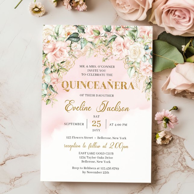 Invitación Elegante purpurina de oro floral de boho ruidoso Q (Elegant blush pink roses eucalyptus gold sparkles quinceanera invitation digital)