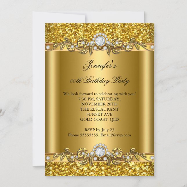 Invitación Elegante Purpurina de oro Floral Diamante Fiesta d (Anverso)