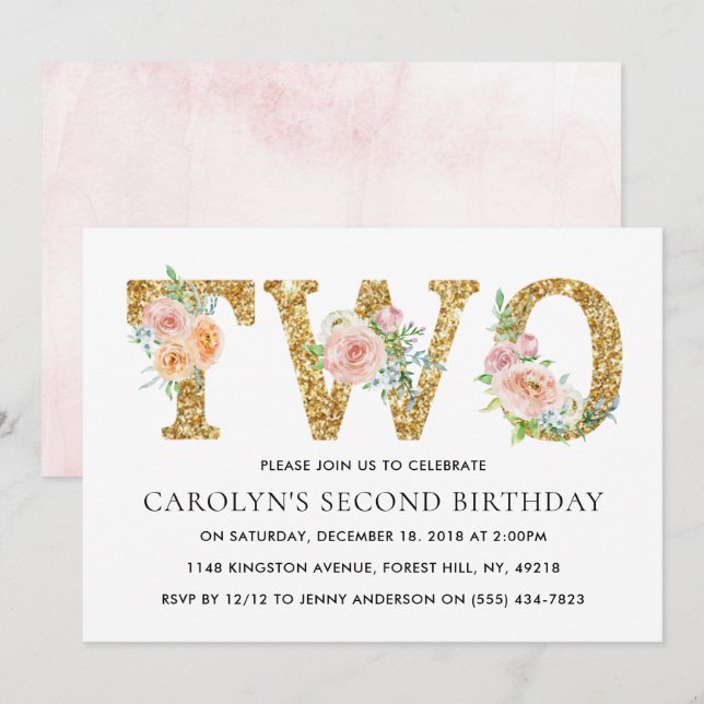 Invitación Elegante Purpurina de oro floral dos cumpleaños (Anverso / Reverso)