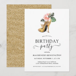 Invitación Elegante Purpurina de oro Floral Heels de oro Cump