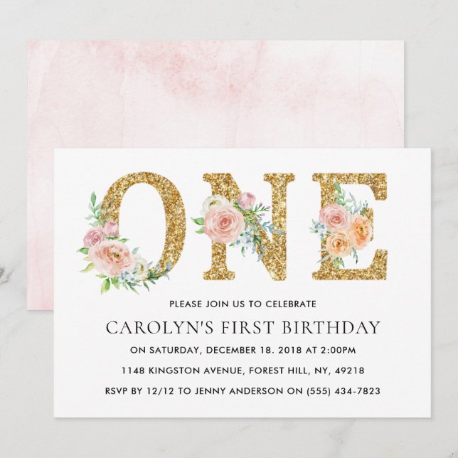 Invitación Elegante Purpurina de oro floral ONE Primer cumple (Anverso / Reverso)
