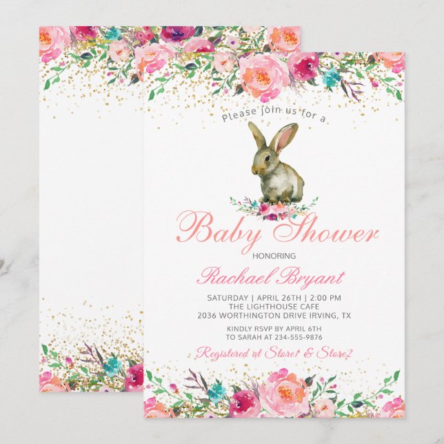 Invitación Elegante Purpurina de oro floral rosa Bunny Baby S (Anverso / Reverso)