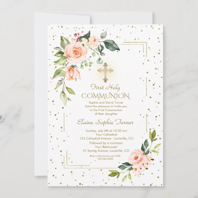 Invitación Elegante Purpurina de oro Flores de coral (Anverso)