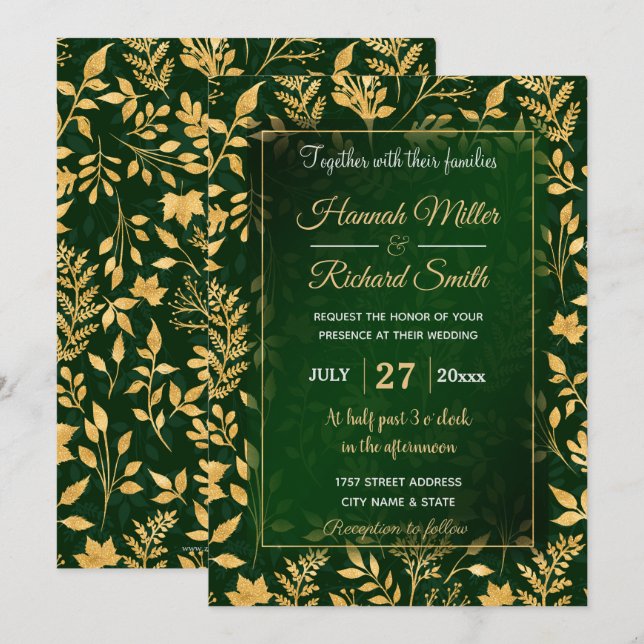 Invitación Elegante Purpurina de oro Foliage Forest Green Des (Anverso / Reverso)