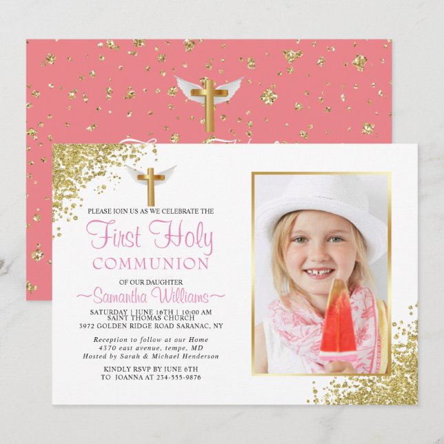 Invitación Elegante Purpurina de oro Foto Primera Comunión (Anverso / Reverso)