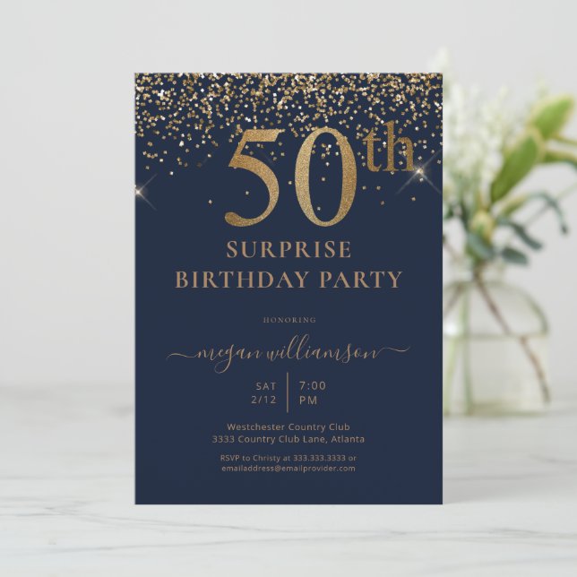 Invitación Elegante Purpurina de oro Fun Navy 50 cumpleaños (Anverso de pie)