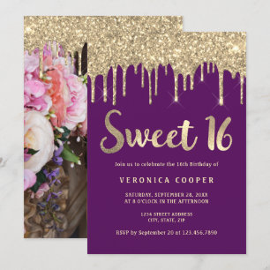 Invitación Elegante purpurina de oro gotea dulce dieciséis fo
