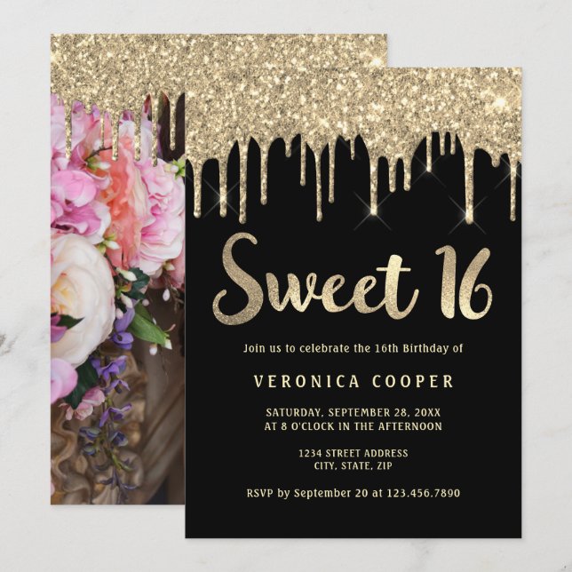 Invitación Elegante purpurina de oro gotea dulce dieciséis fo (Anverso / Reverso)