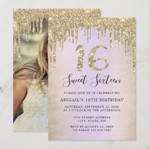 Invitación Elegante purpurina de oro gotea dulce dieciséis fo