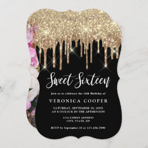 Invitación Elegante purpurina de oro gotea dulce dieciséis fo