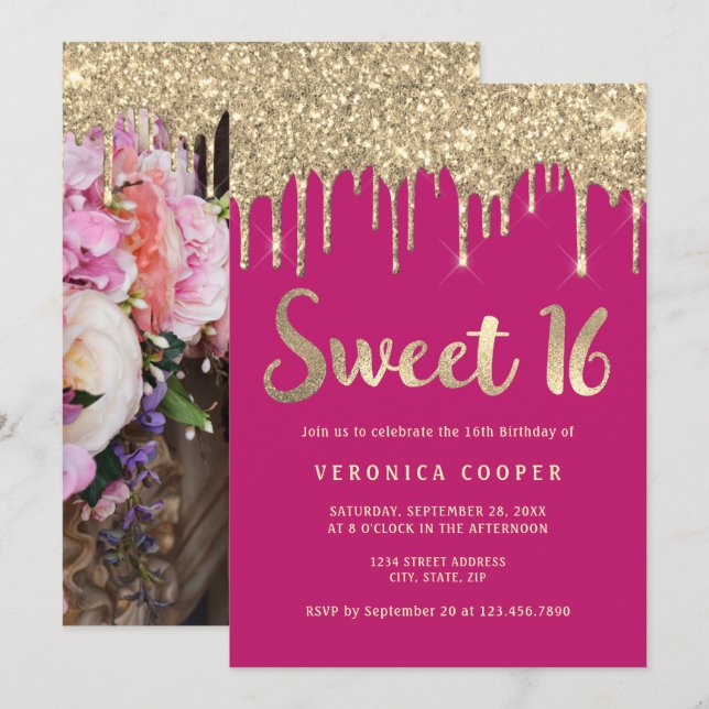 Invitación Elegante purpurina de oro gotea dulce dieciséis fo (Anverso / Reverso)