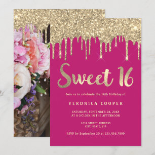 Invitación Elegante purpurina de oro gotea dulce dieciséis fo