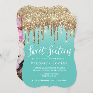 Invitación Elegante purpurina de oro gotea dulce dieciséis fo