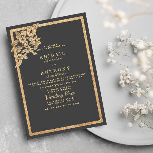 Invitación Elegante purpurina de oro gris oscuro Boda floral