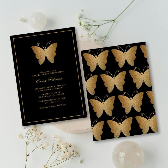 Invitación Elegante Purpurina de oro mariposa ducha de novia (Elegant Gold Glitter Butterfly Bridal Shower Invitation )