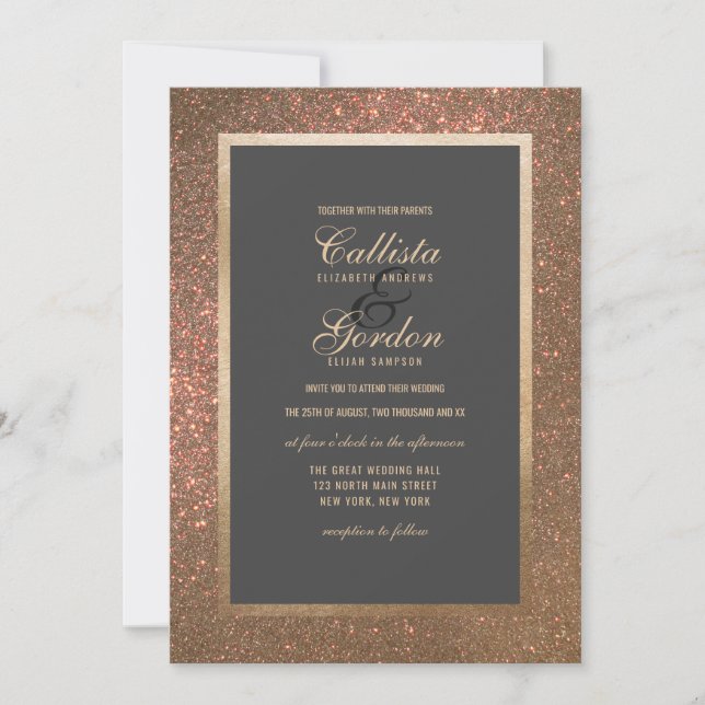 Invitación Elegante Purpurina de oro moderno Boda de borde gr (Anverso)