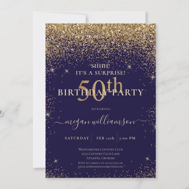 Invitación Elegante Purpurina de oro morado 50 cumpleaños (Anverso)