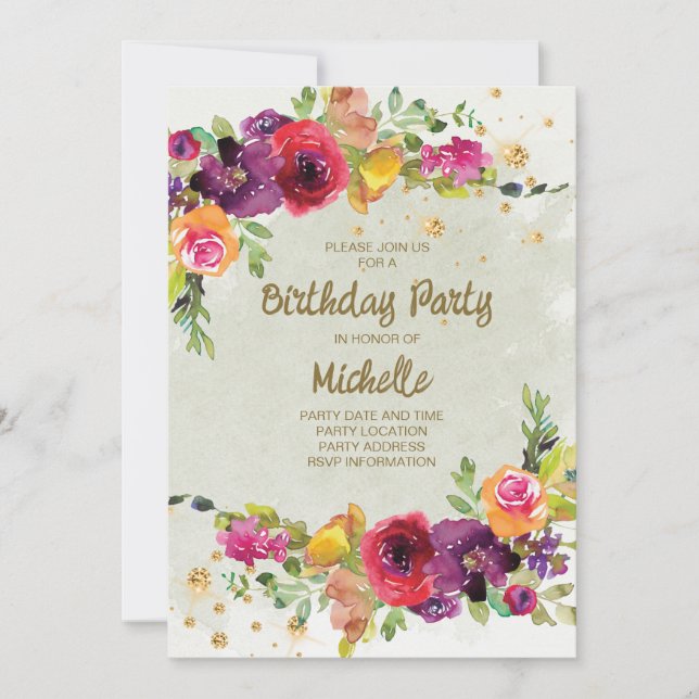 Invitación Elegante Purpurina de oro morado cumpleaños floral (Anverso)