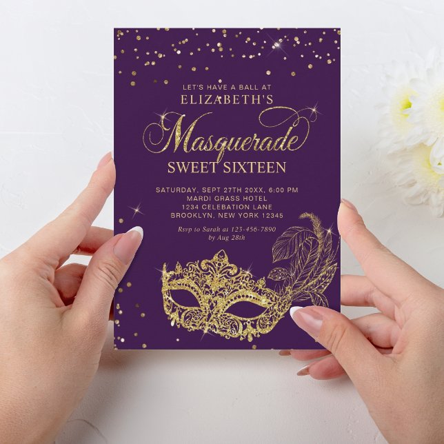 Invitación Elegante Purpurina de oro morado dulce de baile de (Subido por el creador)
