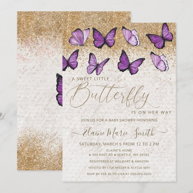 Invitación Elegante Purpurina de oro Morado mariposa Baby Sho (Anverso / Reverso)