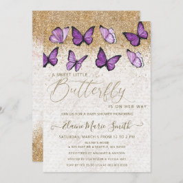 Invitación Elegante Purpurina de oro Morado mariposa Baby Sho