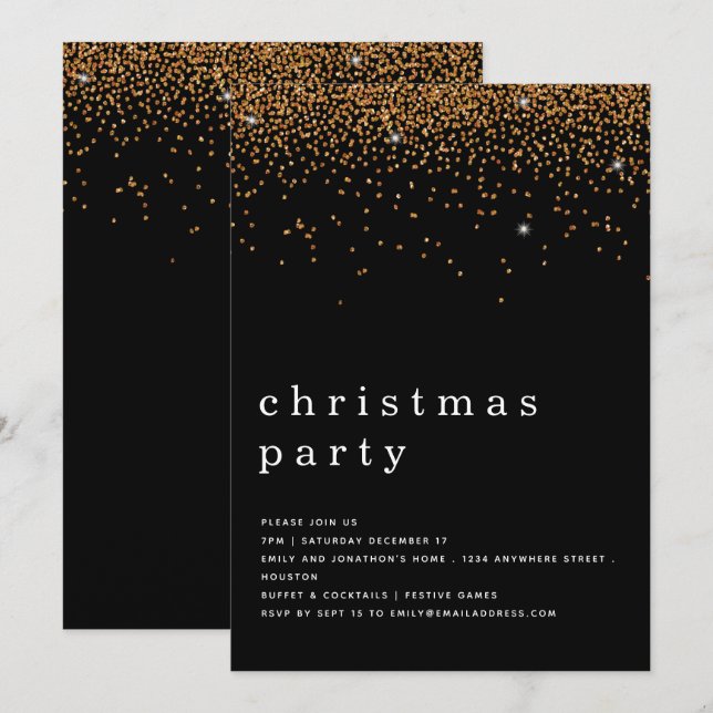 Invitación Elegante Purpurina de oro Navidades Fiesta negro (Anverso / Reverso)