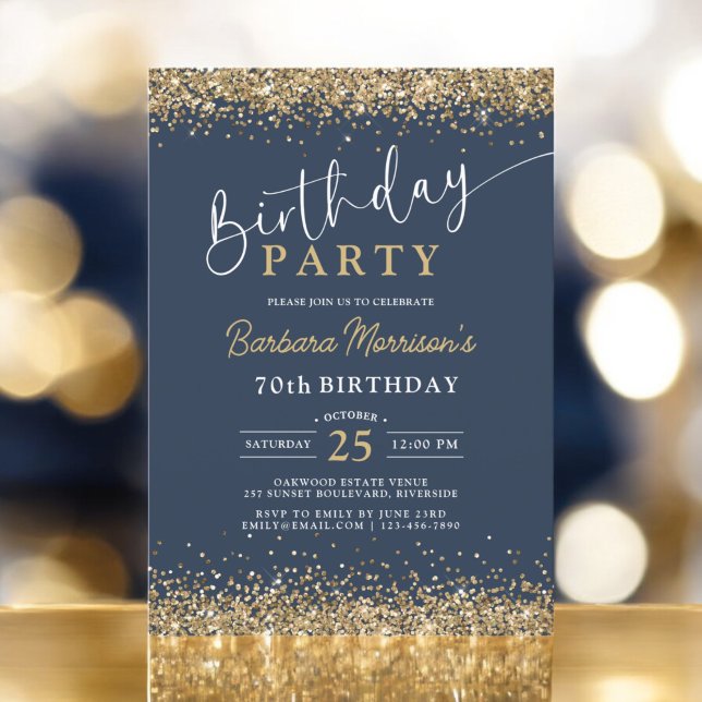 Invitación Elegante Purpurina de oro Navy cumpleaños azul cua (Subido por el creador)