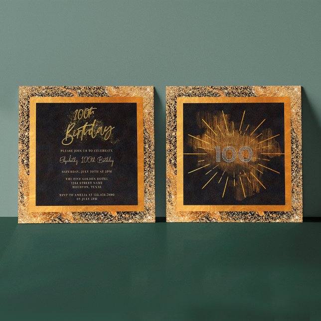 Invitación Elegante Purpurina de Oro Negro 100 cumpleaños (Front / Back)