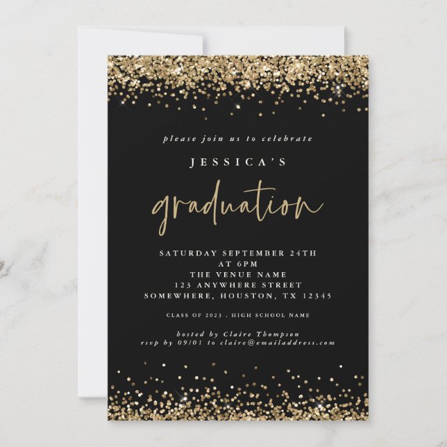 Invitación Elegante Purpurina de oro negro 2024 Graduación (Anverso)