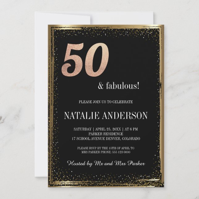 Invitación Elegante Purpurina de Oro Negro 50 cumpleaños fies (Anverso)