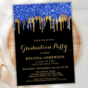 Invitación Elegante Purpurina de oro negro azul graduación