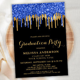 Invitación Elegante Purpurina de oro negro azul graduación