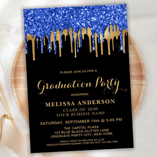 Invitación Elegante Purpurina de oro negro azul graduación (Subido por el creador)