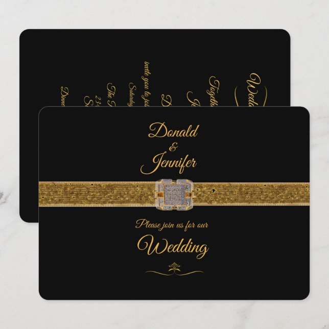 Invitación Elegante Purpurina de oro negro Boda Brooch (Anverso / Reverso)