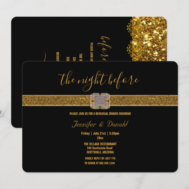 Invitación Elegante Purpurina de oro negro Brooch Cena de ens (Anverso / Reverso)
