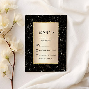 Invitación Elegante purpurina de oro negro confetti RSVP