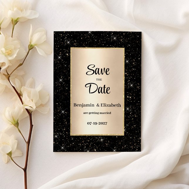 Invitación Elegante purpurina de oro negro confetti Save the  (Elegant black gold glitter confetti Save the Date)