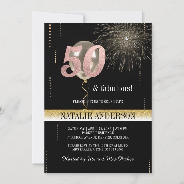 Invitación Elegante Purpurina de Oro Negro Fiesta de cumpleañ (Anverso)