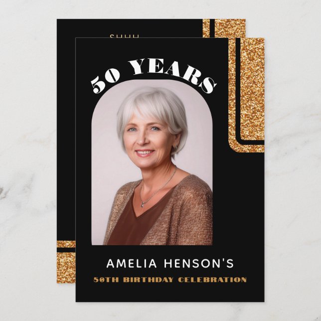 Invitación Elegante Purpurina de oro negro foto 50 cumpleaños (Anverso / Reverso)