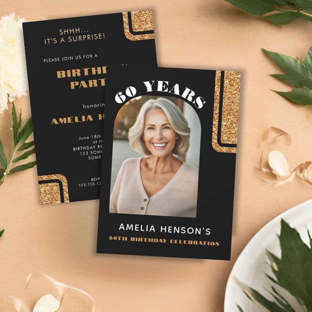 Invitación Elegante Purpurina de oro negro foto 60 cumpleaños (Subido por el creador)
